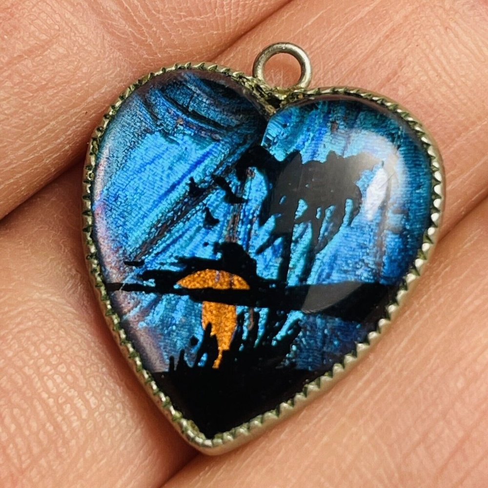 Vintage MCM Morpho Butterfly Wing Heart Shaped Tropical Sunset Pendant Charm